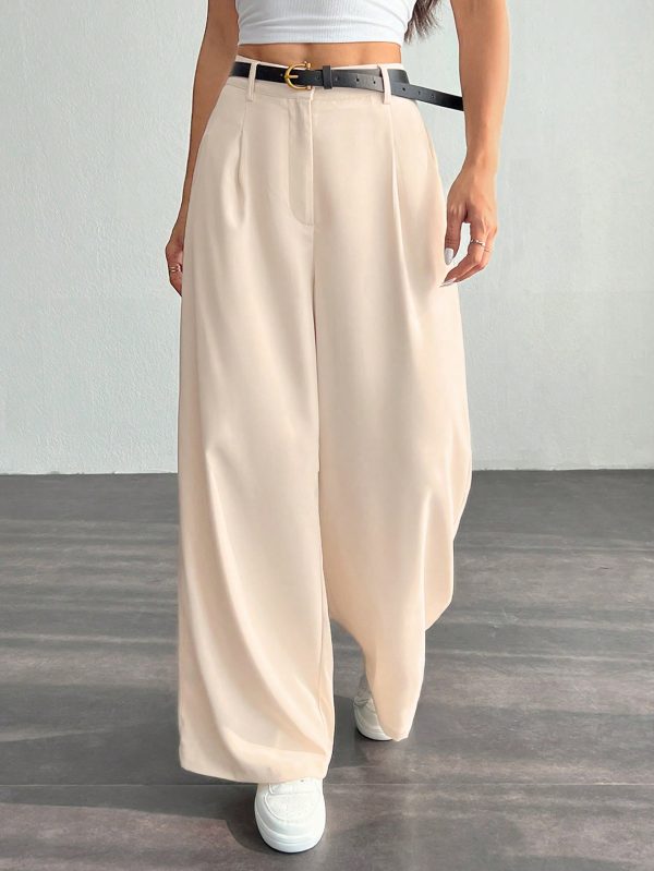 Women's Pleated High Waist Belted Wide Leg Casual & Commuting Pants In Beige