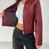 Women Solid Minimal Collared Long Sleeve Zip Up Red PU Leather Jacket