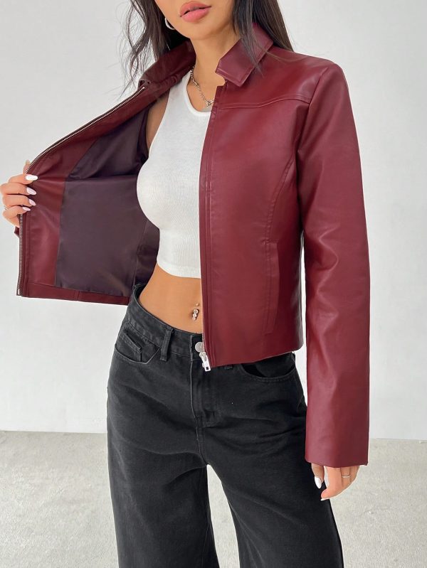 Women Solid Minimal Collared Long Sleeve Zip Up Red PU Leather Jacket