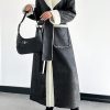 Women's Dual Pocket Belted Teddy Lined PU Leather Coat