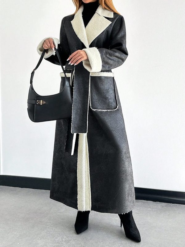 Women's Dual Pocket Belted Teddy Lined PU Leather Coat
