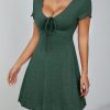Lettuce Trim Drawstring Knot Front Summer Women Outfit Black Dress