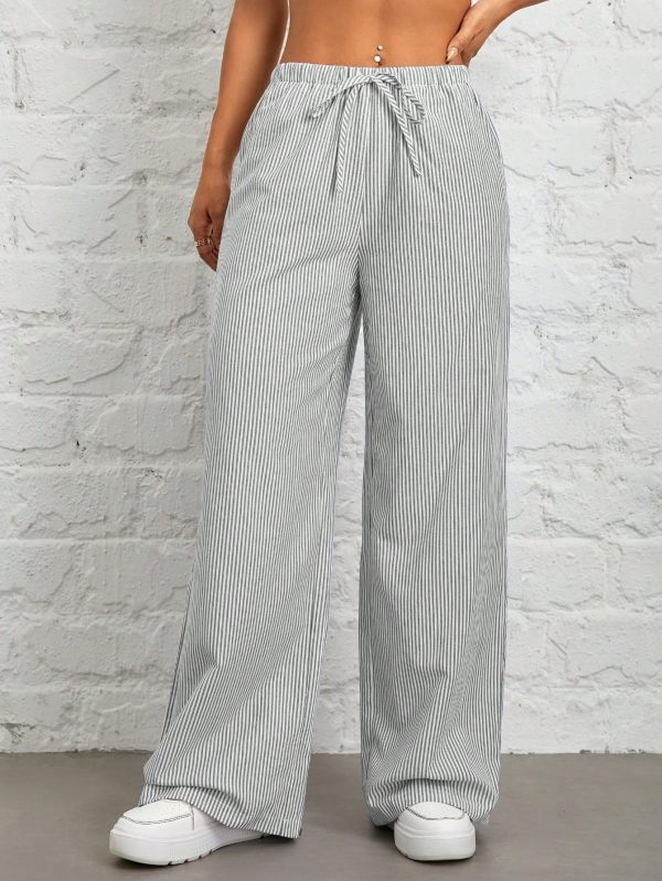 Women's Casual High Waist Gray Vertical Striped Wide Leg Pants