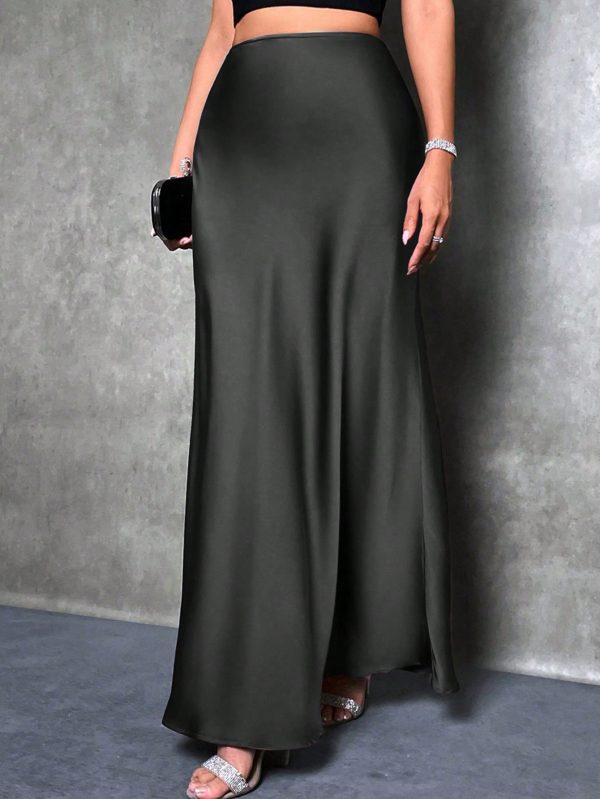 Elegant Versatile Black Satin Skirt For Women, Girly Style