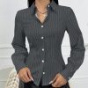 Women Striped Shirt With Turndown Collar And Waist Drawstring