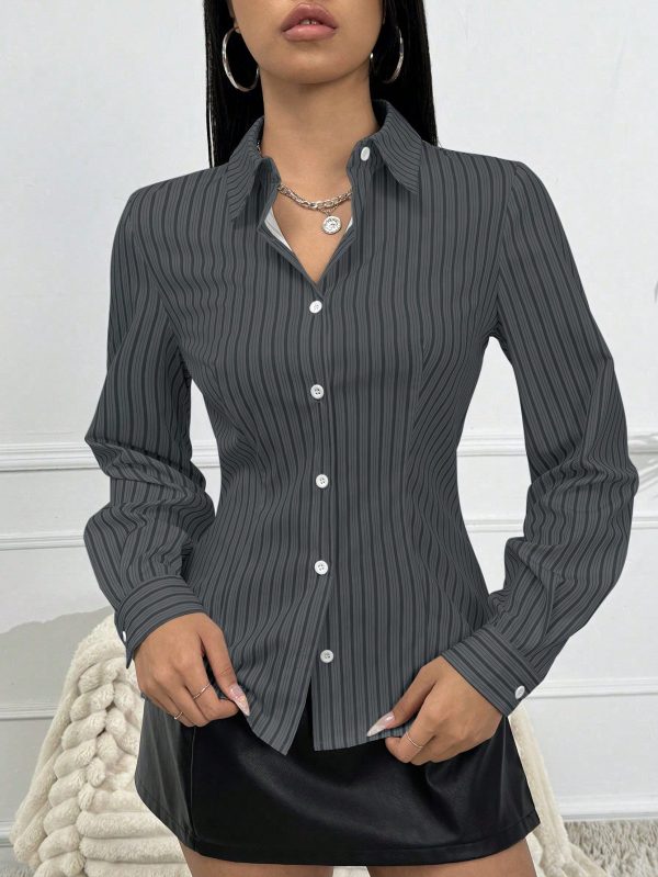 Women Striped Shirt With Turndown Collar And Waist Drawstring