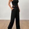 Ladies' Plain Strapless Top With Single-Breasted Button And Pants Two Piece Set