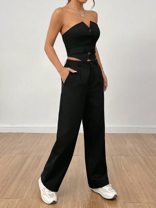 Ladies' Plain Strapless Top With Single-Breasted Button And Pants Two Piece Set