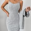 Women Black & White Plaid Black Gold Button Short Jacket & Cami Midi Dress Set
