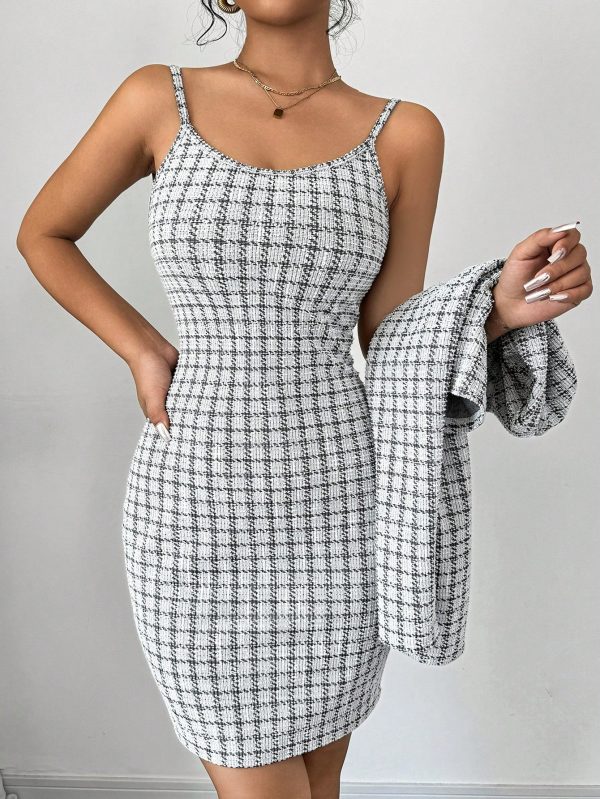 Women Black & White Plaid Black Gold Button Short Jacket & Cami Midi Dress Set