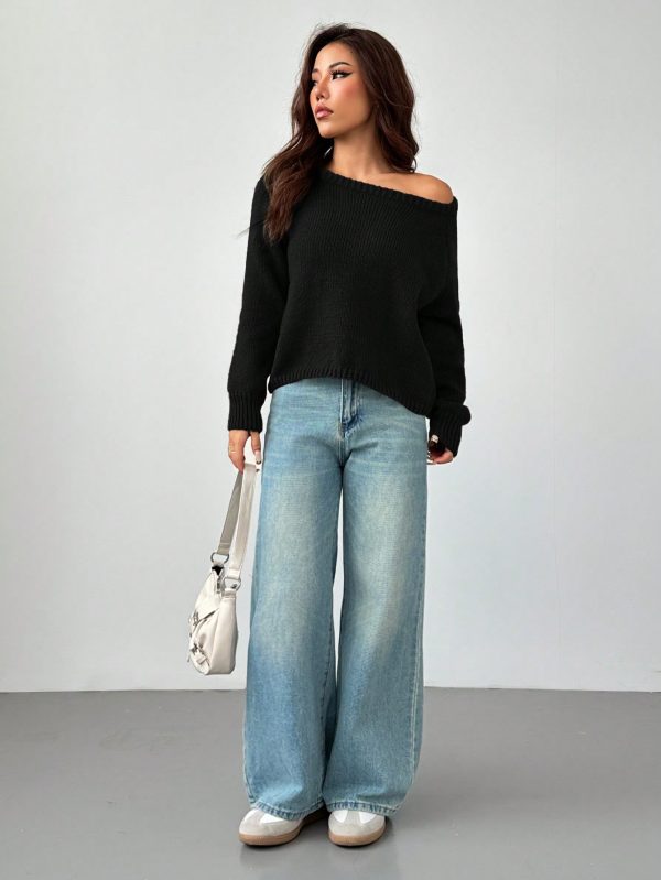 Women's Solid Color Oblique Shoulder Long Sleeve Casual Top