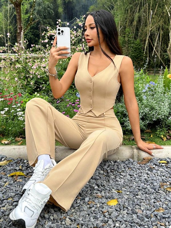 Women's Solid Color Front Button Vest & Straight Pants Two Piece Set