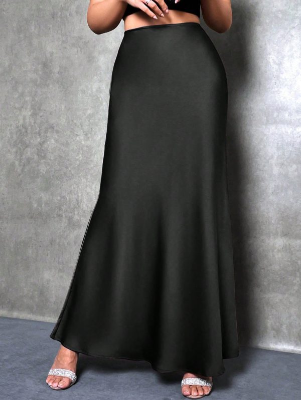 Elegant Versatile Black Satin Skirt For Women, Girly Style