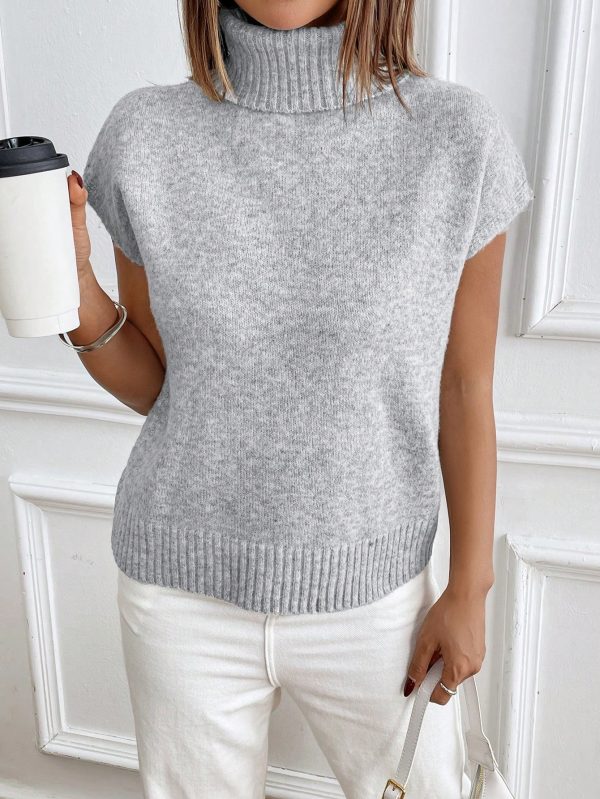 Women Casual Solid Color High Neck Knitted Sweater