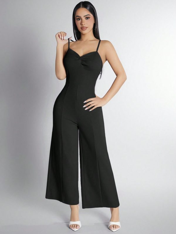 Solid Color Twist Strap Wide Leg Jumpsuit
