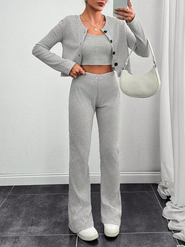 Casual Solid Color Front Button Shirt And Pants With Strap 2 Piece Set, Autumn