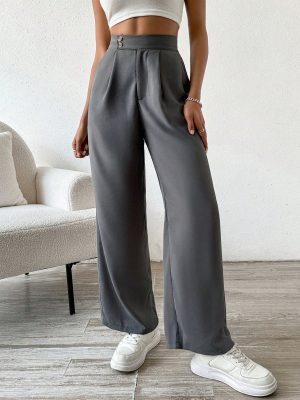 Women Plain Front Button Closure Minimalist Casual Pants, Daily Wear