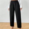 Women's Elegant Button Pocket Black Woven Straight Leg Pants