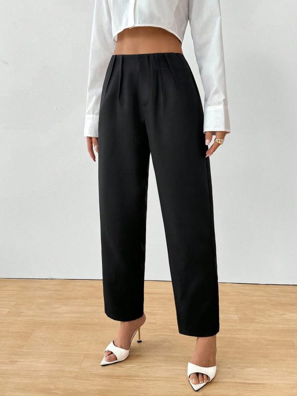 Women's Elegant Button Pocket Black Woven Straight Leg Pants
