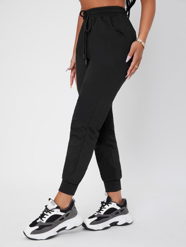 Solid Drawstring Waist Black Sweatpants