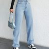100%Cotton Women'S Solid Color Straight Leg Jeans