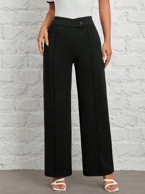 Spring/Summer Overlapping Waist Seam Black Trousers Wide Leg Pants