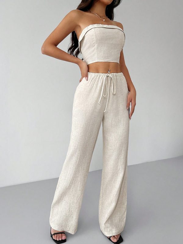 Linen Fabrics Solid Color Halter Top And Pants Casual Set