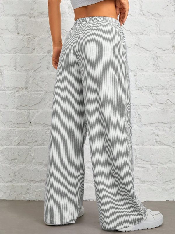 Women's Casual High Waist Gray Vertical Striped Wide Leg Pants