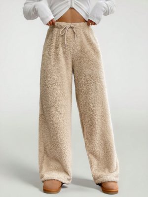 Drawstring Waist Teddy Wide Leg Pants