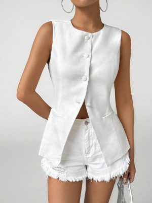 Solid Round Neck Button Front Vest Blazer