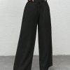 Women's Black Woven Wide-Legged Pants With Waist Tie, Casual