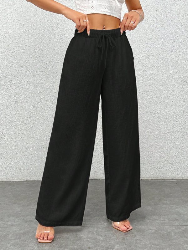 Women's Black Woven Wide-Legged Pants With Waist Tie, Casual