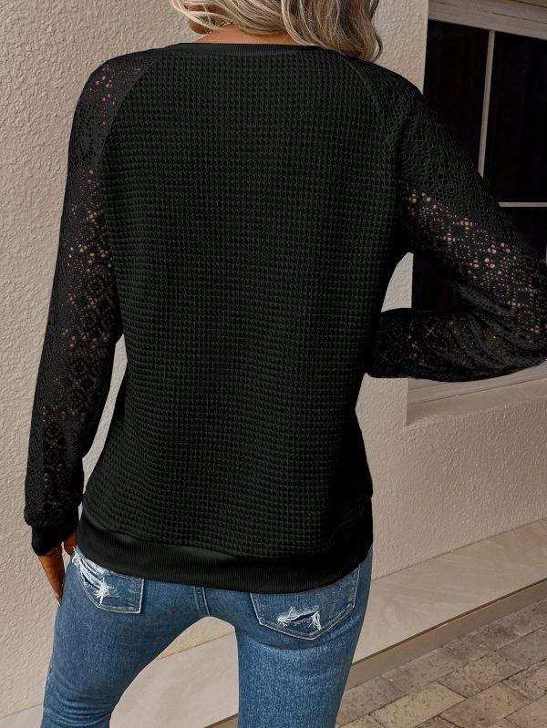 Women's Elegant Lace Sleeve Textured Casual Sweatshirt, Autumn