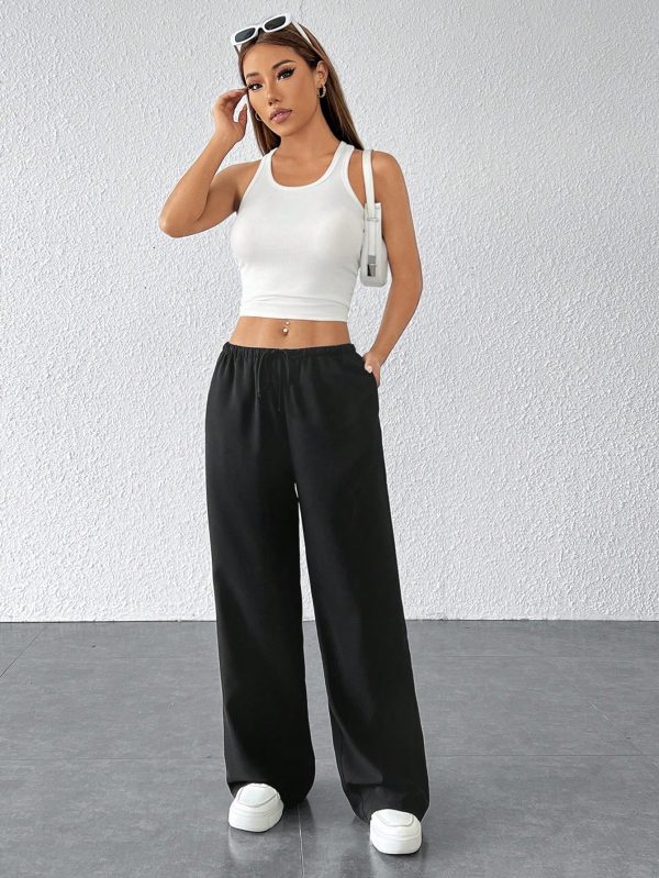 Drawstring Waist Long Pants With Pockets, Loose Pant
