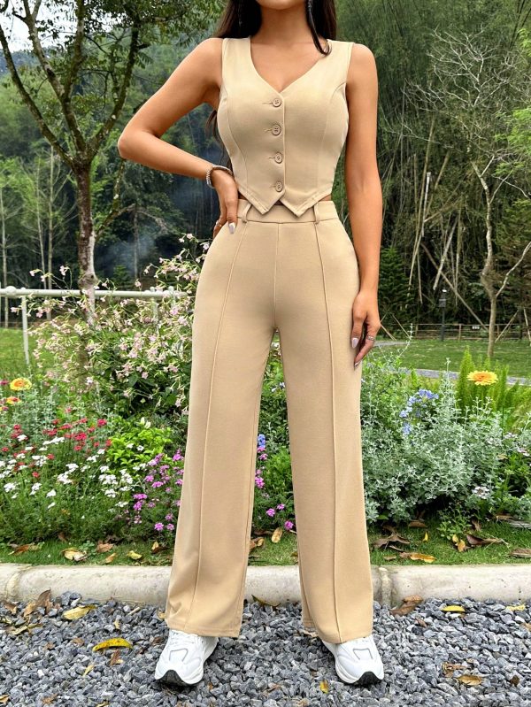 Women's Solid Color Front Button Vest & Straight Pants Two Piece Set