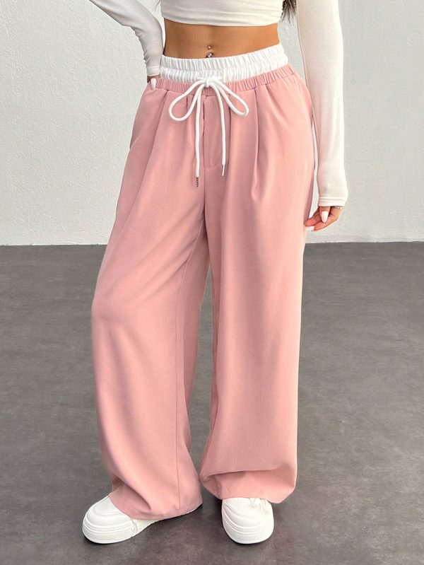 Casual Color Block Woven Drawstring Waist Pants