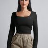 Square Neck Ruched Side Spring Women Outfit Black Tee