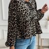 Casual Leopard Print Button Up Tie Waist Ruffle Hem Shirt For Women, Autumn/Winter