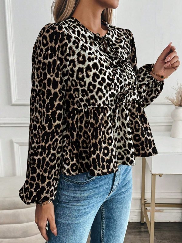 Casual Leopard Print Button Up Tie Waist Ruffle Hem Shirt For Women, Autumn/Winter