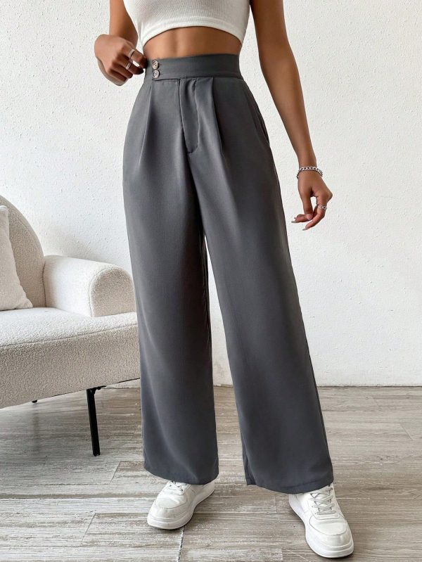 Women Plain Front Button Closure Minimalist Casual Pants, Daily Wear