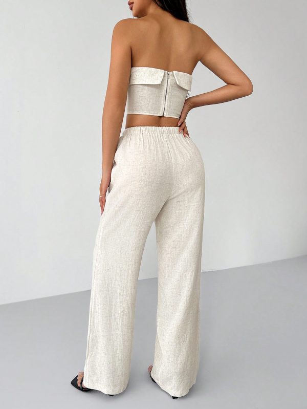 Linen Fabrics Solid Color Halter Top And Pants Casual Set