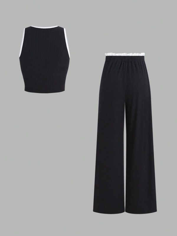 2pcs/Set Women Sleeveless Round Neck Top And Drawstring Two-Tone Flounced Hem Pants