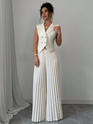 Apricot Color Double-Breasted Suit Collar Pleated Elegant & Romantic Women Suit Set
