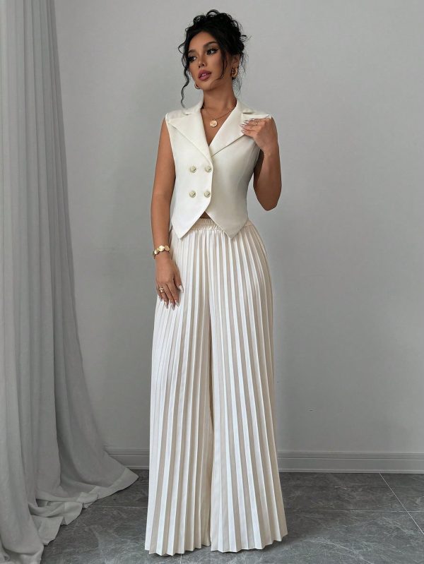 Apricot Color Double-Breasted Suit Collar Pleated Elegant & Romantic Women Suit Set