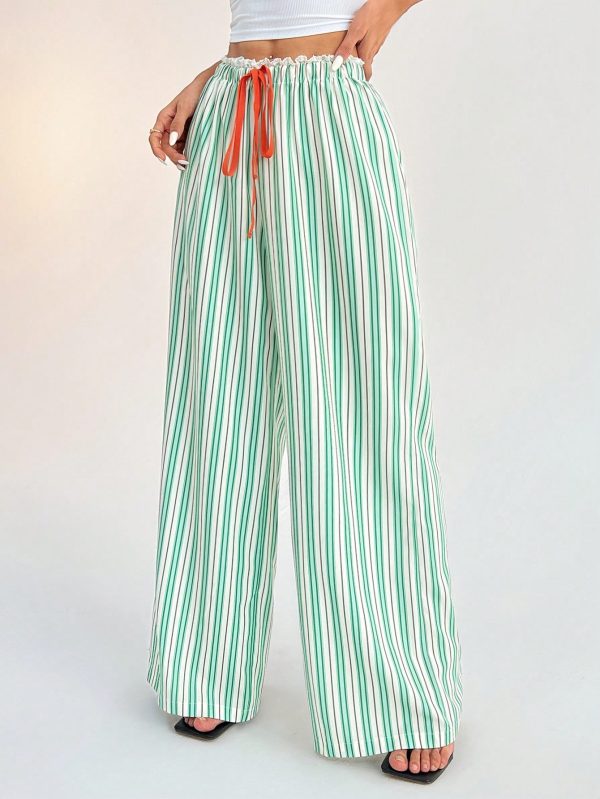 Casual Woven Striped Mid-Rise Loose Wide-Leg Women's Trousers