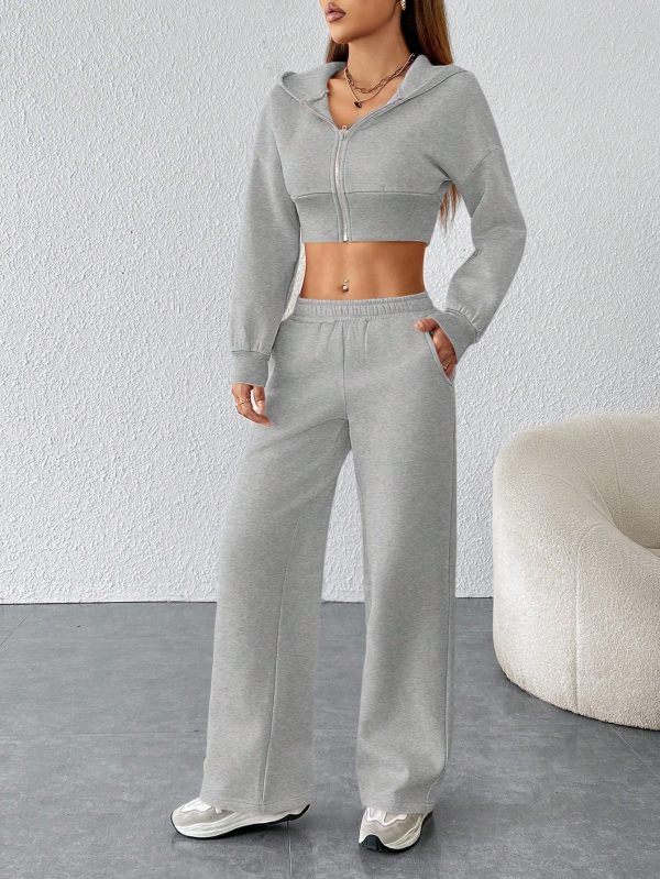 Women's FashionableZip Front Hooded Sweatshirt And Pants Two Piece Set