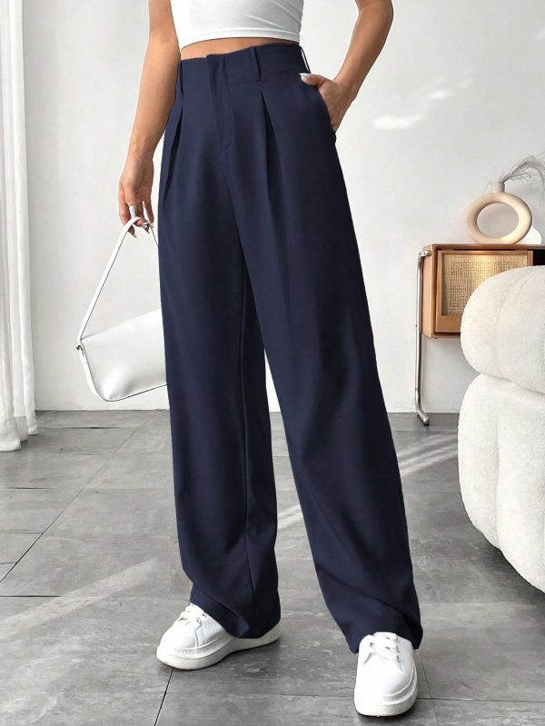 Women's Solid Color Pocket Elegant Straight Leg Office Pants