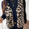 Plus Size Women Sleeveless Leopard Print Fleece Lined Vest