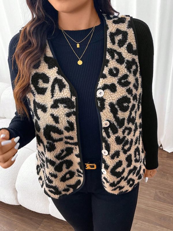 Plus Size Women Sleeveless Leopard Print Fleece Lined Vest