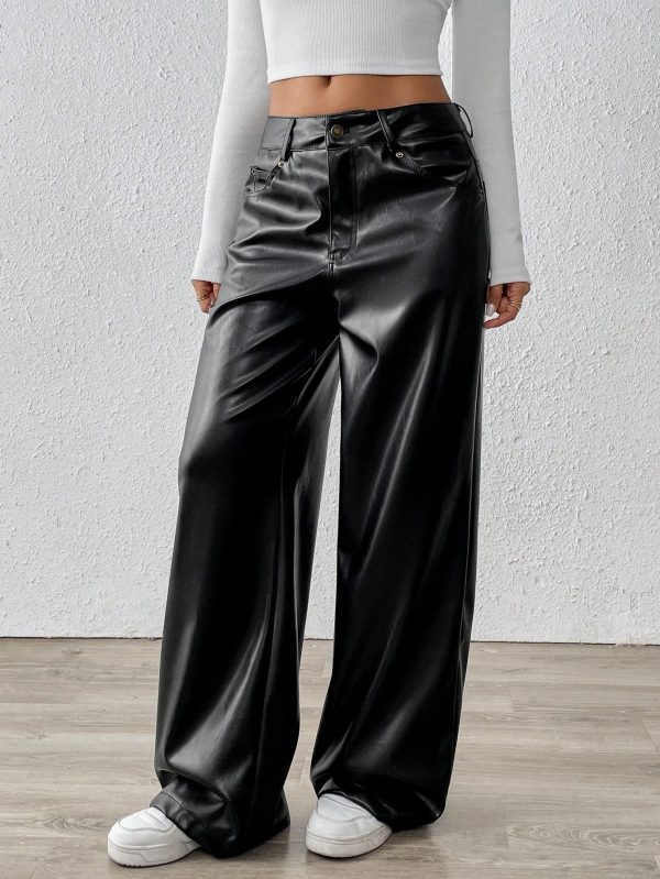 Women High-Quality Slimming Loose Straight Leg PU Leather Pants